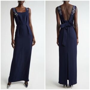 New St John Satin Back Crepe Dress with Bow Midnight Blue Maxi Column Sz 8